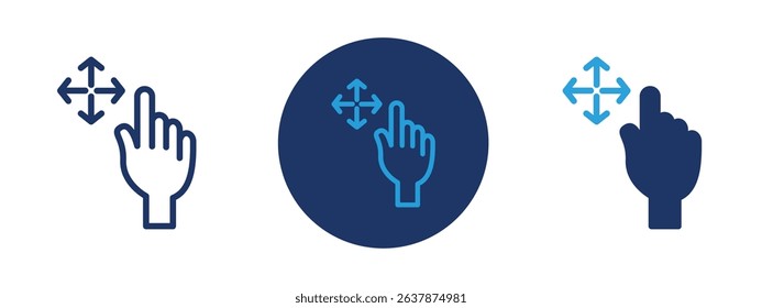 Set of colored pixel perfect Hand fingers gesture swipe rotate icon  with 1 unexpanded, 1 silhouette, Icon of a hand gesture showing swiping or rotating motion for touchscreen use.