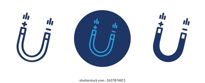 Set of colored pixel perfect Magnet icon with 1 unexpanded, 1 silhouette, Magnet icon representing attraction, physics, or magnetic force.