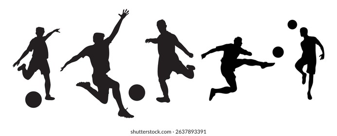 Set of colored pixel perfect man playing football with 1 unexpanded, 1 silhouette, Icon showing a man in motion playing football.