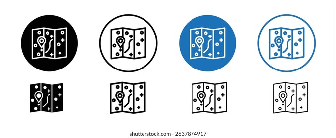 Set of colored pixel perfect Pin on a map icon with 1 unexpanded, 1 silhouette, Pin icon on a map representing location, navigation, or directions.