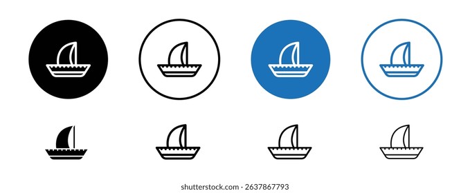 Set of colored pixel perfect Sailboat icon with 1 unexpanded, 1 silhouette, A sailboat icon sailing on water, used for travel or recreational themes.