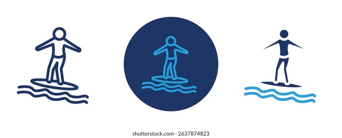 Set of colored pixel perfect Surfing icon with 1 unexpanded, 1 silhouette, Surfing icon representing water sports, beach activity, and recreation.