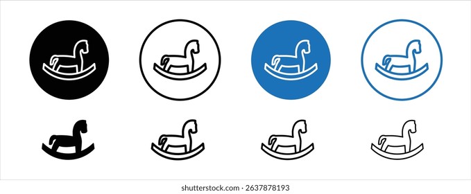Set of colored pixel perfect Toy horse rocking chair icon with 1 unexpanded, 1 silhouette, Rocking horse toy icon representing childhood and play.