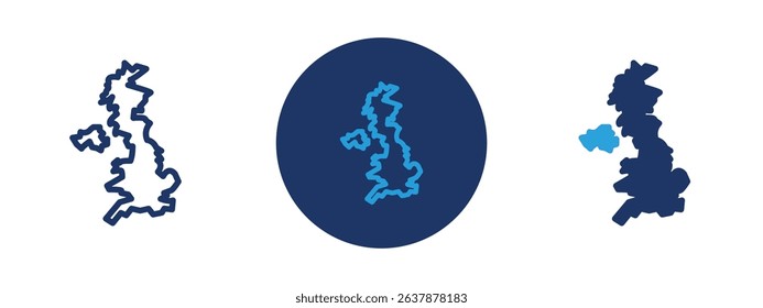 Set of colored pixel perfect United Kingdom map icon with 1 unexpanded, 1 silhouette, UK map icon representing Great Britain and Northern Ireland.