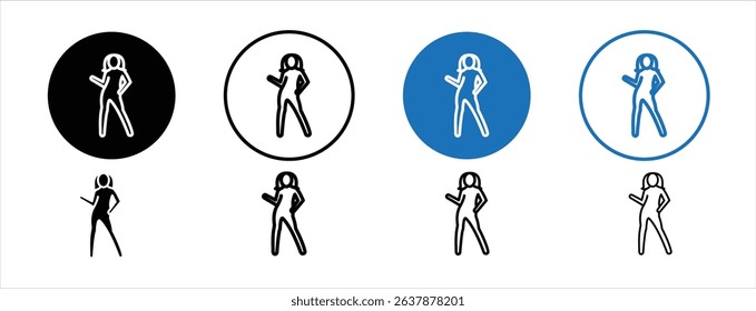 Set of colored pixel perfect Woman dancing icon with 1 unexpanded, 1 silhouette, Dancing woman icon symbolizing celebration, performance, or joy.