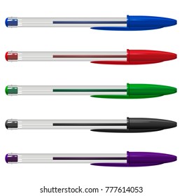 Set of colored plastic ballpoint pens with caps, in a transparent hexagonal case, on a white background