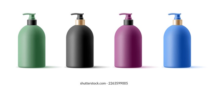 Set aus farbigen Plastikflaschen mit Spender für Shampoo und Seife 3d. Kosmetische und medizinische Mittel für die Körperpflege. Leere Mischung aus Dosen auf weißem Hintergrund.