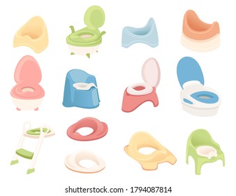 Set of colored plastic potty for children flat vector illustration isolated on white background