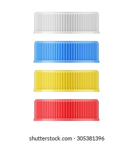 Set of colored plastic screw caps for medicine bottles. Packaging collection. Vector illustration. 