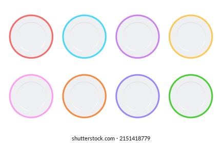 Set with colored plates icons on white background. Colored tableware. Vector 10 EPS.