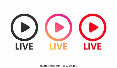 A set of colored play and Live buttons isolated on a white background. Live button. Vector illustration
