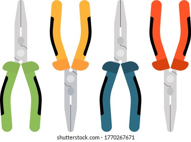 Juego de iconos de la herramienta Colored Pliers. Mangos amarillos, rojos, verdes, de color azul, esmaltes delgados de esponja metálica. Icono vectorial de ilustración plana para diseño web