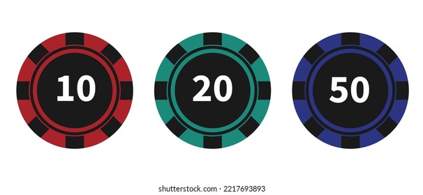 Set of colored poker chips. Token on white background. Vector illustration for card, casino, game design, web,