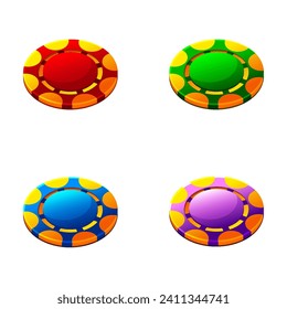 Set of colored poker chips, or tokens for 2D game. Vector illustration for casino, game design, flyer, poster, banner, web, and advertising