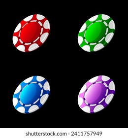 Juego de fichas de póquer de colores, o fichas para juego 2D. Iconos para casino, ranuras de diseño de juegos