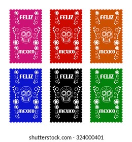 set colored poster paper in traditional Mexican style and patterns for backgrounds skulls, celebrations, day of the dead, halloween, fiesta.