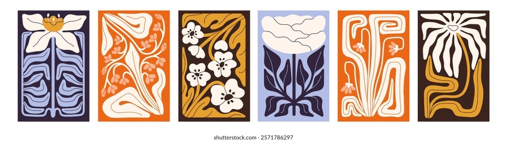 Set of colored posters with irregular floral shapes. Strange flowers with crooked leaves on postcards. Designs of wall art, cards with twisted bloom plants, wildflowers. Flat vector illustrations