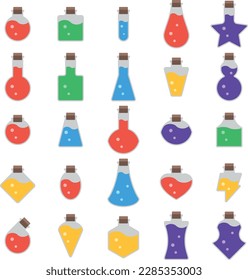 Set of colored potions in different bottles
