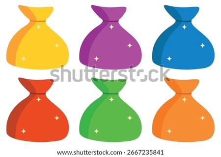 Set of colored pouches. Present magic bags icons