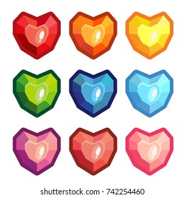 A set of colored precious stones in the form of a heart Vector illustration, isolated on white background.