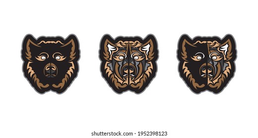 Set of colored print face of a dog. Polynesia style. Isolated. Vector illustration.