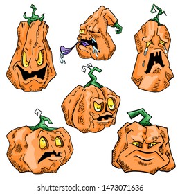 Set of colored pumpkins with Halloween emotions: crying, surprised, angry, grinning, showing tongue. Sketch. Vector