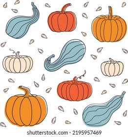 Set of colored pumpkins and seeds. Doodle style pumpkins. Autumn illustration. Vector image.