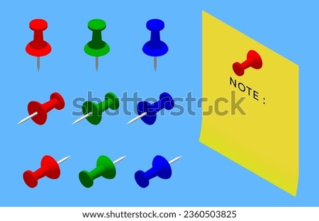 Set of colored push pin. 3D isometric illustration. Flat style. Office, home, school stationery and supplies.