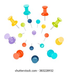 Set of colored push pins on white background. Thumbtacks for maps. Stationery products. Vector illustration.
