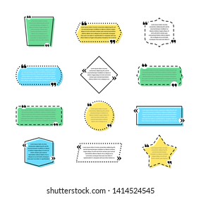 Set of colored quote signs with different geometric shapes. Creative speech bubbles, citation empty frames isolated on white background