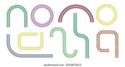  Set of colored railway tracks in cartoon style. Vector illustration of beautiful railway tracks of different shapes and sizes: circle, semicircle, wavy isolated on white background. Railway route.