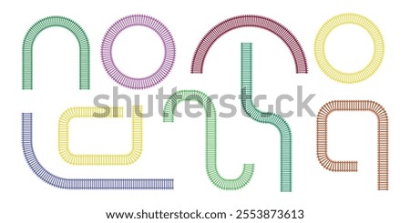  Set of colored railway tracks in cartoon style. Vector illustration of beautiful railway tracks of different shapes and sizes: circle, semicircle, wavy isolated on white background. Railway route.