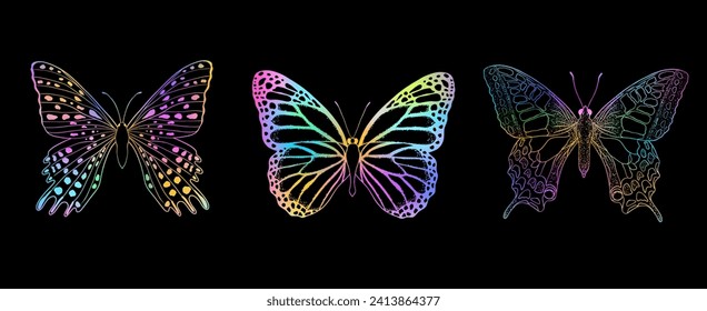 Conjunto de mariposas arcoiris de colores sobre un fondo negro.