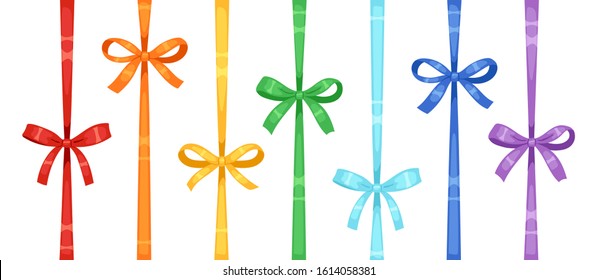 Set of colored rainbow silk bows with vertical ribbons isolated on white. 
For hair decoration, celebration party items, gift packaging on Christmas or Birthday, present cards and luxury wrap pack.