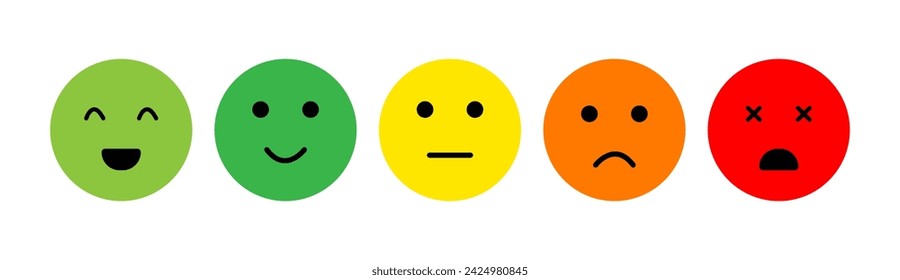 set of colored rating emoticons, (Very happy-excellent, happy-good, neutral, sad-bad, very sad-very bad emojis) Vector design elements set eps 10. Isolated