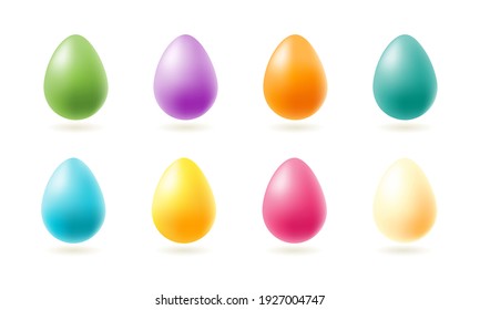 Set of colored realistic 3D Easter eggs with shadow isolated on white background. Vector stock illustration. 