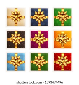 Set of colored realistic gifts with golden bows for Christmas, birthday or Valentines day on white background. Illustration can be used for holiday design, posters, cards, websites, headers, banners.