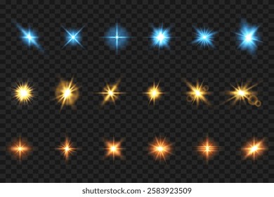 Set of colored realistic light glare. Sparkling magical dust particles. Vector illustration.