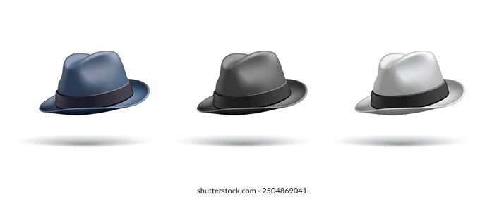 Set of colored realistic men's hats, 3D. Men's classic vintage hats, for gentlemen. Vector