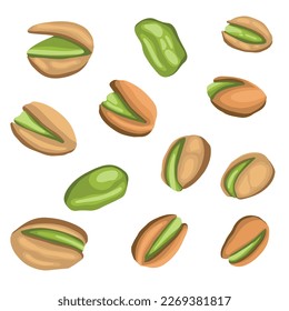 Set of colored realistic roasted pistachios nuts in separate on white background. Salty delicious organic food, nutshells. peeled. Food package, traditional snack, green, healthy, nutritional