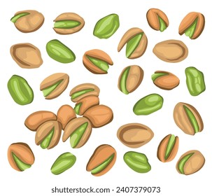 Set of colored realistic roasted pistachios nuts in group, separate on white background. Salty delicious organic food, nutshells. peeled. Food package, traditional snack, green, healthy, nutritional.