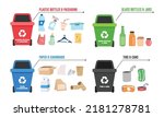 Set of colored recycling bin and types of garbage clipart. Simple red, green, blue, black dustbin with plastic, glass, metal and paper garbage items vector design. Gargbage sorting cartoon doodle