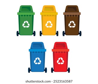 Set of colored recycling bins for Sustainable Development Goals green earth vector. Leaf, electric car, recycling, renewable energy, sign. Can use for infographic, banner, poster, web design. 