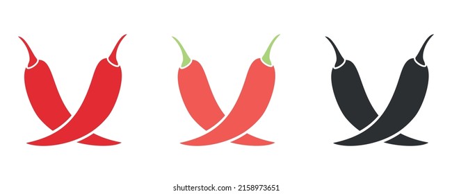 Set of colored red chilli with a stroke and silhouette.  collection of icons  with two chili peepers