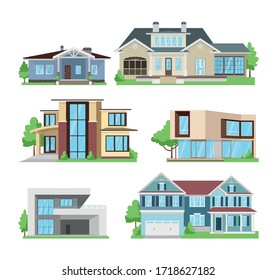 Set of colored residential houses and cottages on a white background, vector illustration.