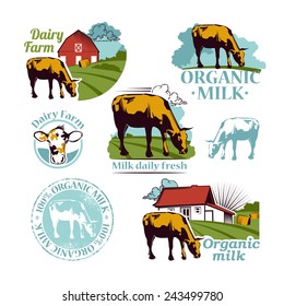 Set of colored Retro Farm vector icons depicting a cow a Fresh logo and banner with the text for your design