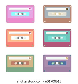 Set of colored retro music cassettes. vector flat