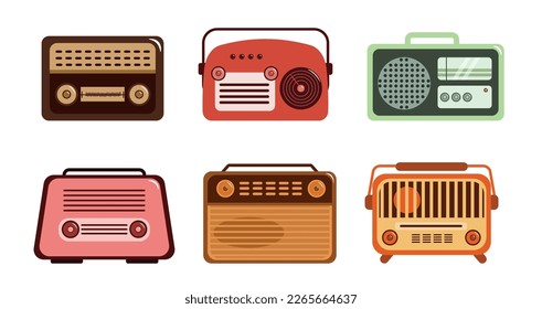 Set of colored retro radios in cartoon style. Vector illustration of vintage portable radio music players isolated on white background.