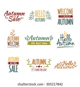 Set of colored retro vintage logos, icons, stickers with the text of the autumn and floral elements. Vector.