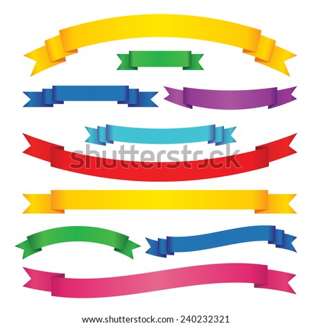 Set of colored ribbon banners. Blue, green, red, yellow, pink scrolls. Vector illustration.